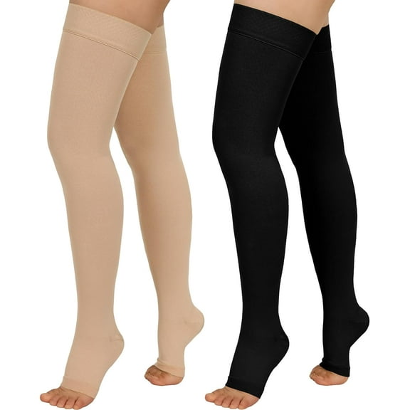 2 Pair Wukang 20-32mmHg Thigh High Compression Stocking Toeless Compression Socks for Women & Men(Beige Black)