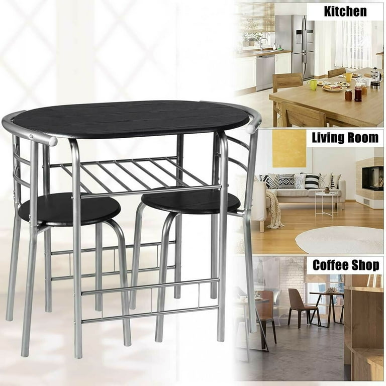 Costway 3 Piece Dining Set Table 2 Chairs Bistro Pub Home Kitchen Breakfast Furniture Black with Sliver Leg