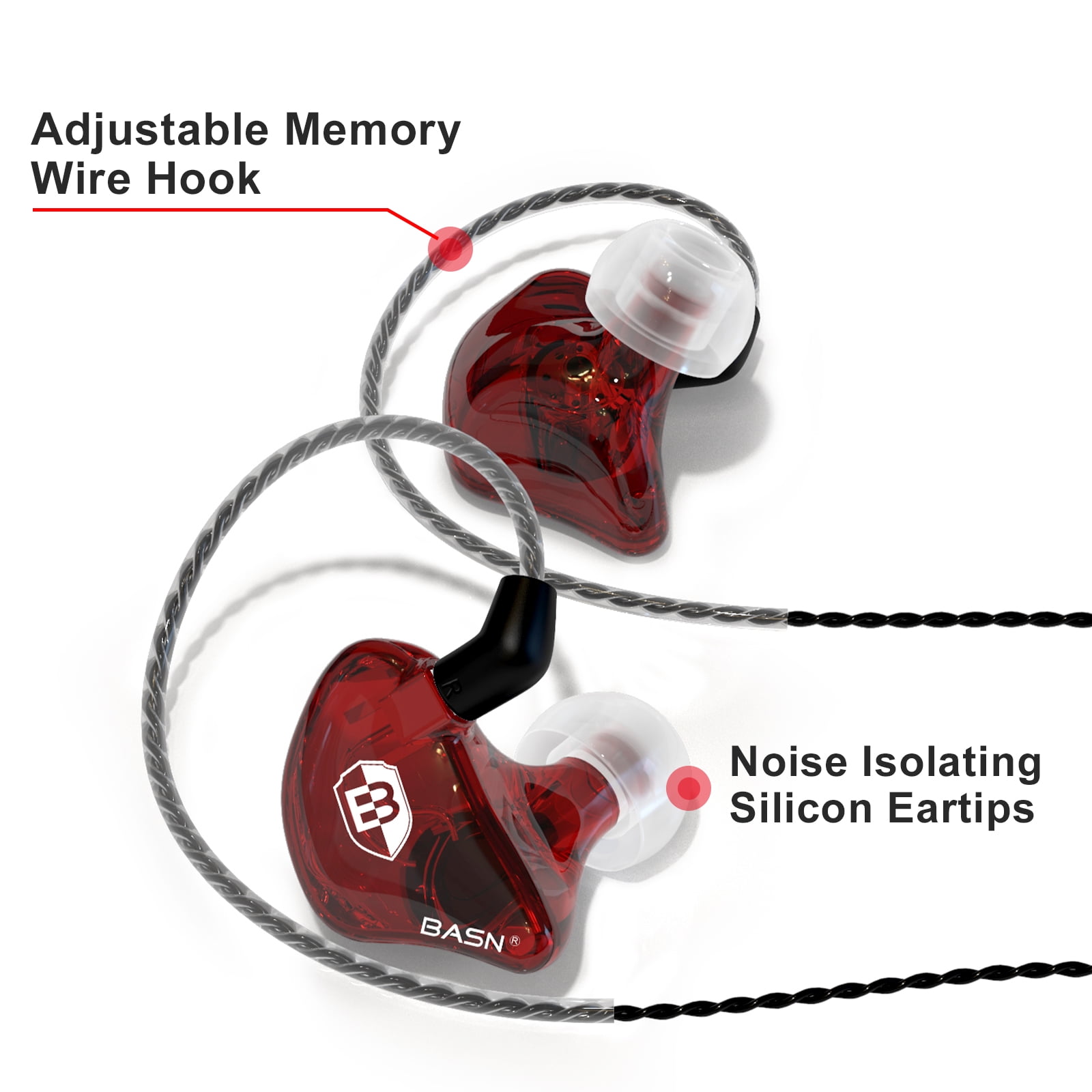 BASN Bsinger BC100 in Ear Monitor Headphones Universal Fit Noise Isolating for Musicians Singers Studio Audiophiles (Red)
