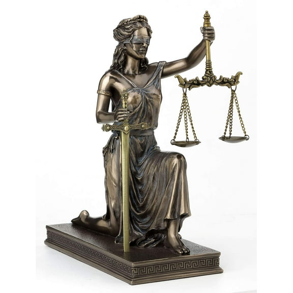 Veronese Design 10 Inch Lady Justice Kneeling Holding Scale and Sword Solid Metal Letter Opener Antique Bronze Finish Roman Greek Lawyer Statue