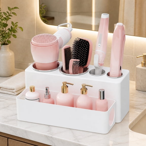 Norcho Hair Tool Organizer for Bathroom Counter, Removable Blow Dryer Holder, Hot Tools Storage with 4 Stainless Steel Cups for Curling Iron, Brush & Straightener
