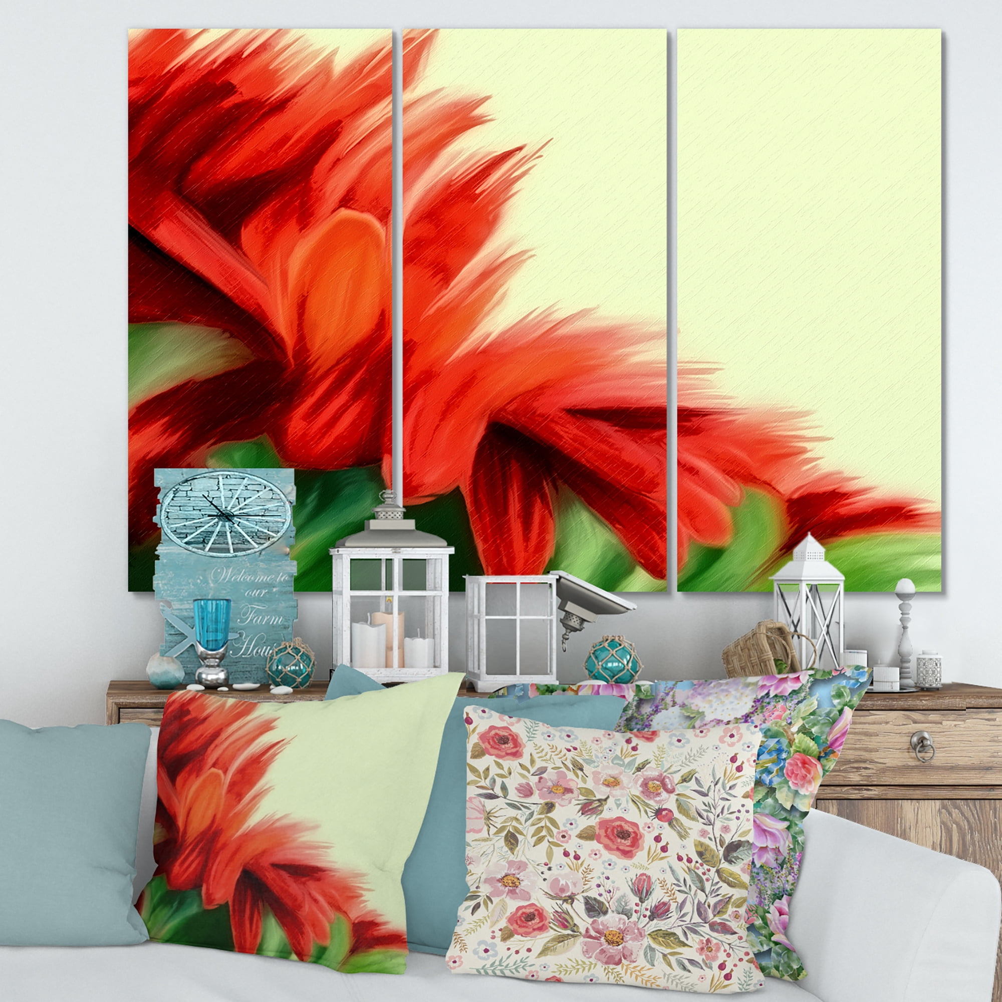 Designart ' Red Floral Brush Strokes On Green ' Traditional Canvas Wall Art Print