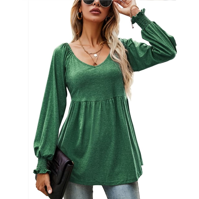 Blusa tipo túnica verde oscuro para mujer, acampanada e informal, ideal para otoño/invierno, talla XXL, blusa plisada con cuello en V y manga larga