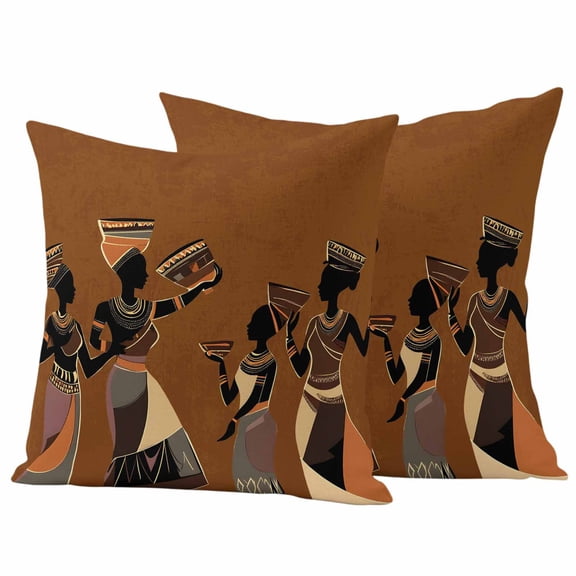 Brown Girls Boho Outdoor Waterproof Pillow Covers, Vintage Ethnic Abstract Art Decorative Square Throw Pillowcase Sofa Cushion Sham for Patio/Couch/Chair, 26"x26" 2 Pack