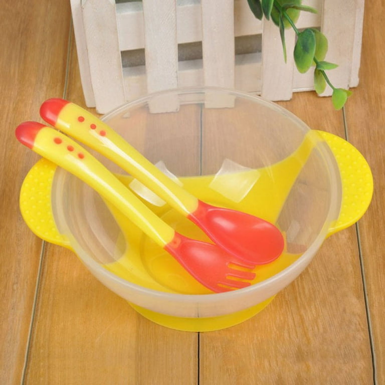 Suction Baby Bowls Set for Toddler and 6 Months Solid Feeding, with Temperature Spoon and Fork, Yellow