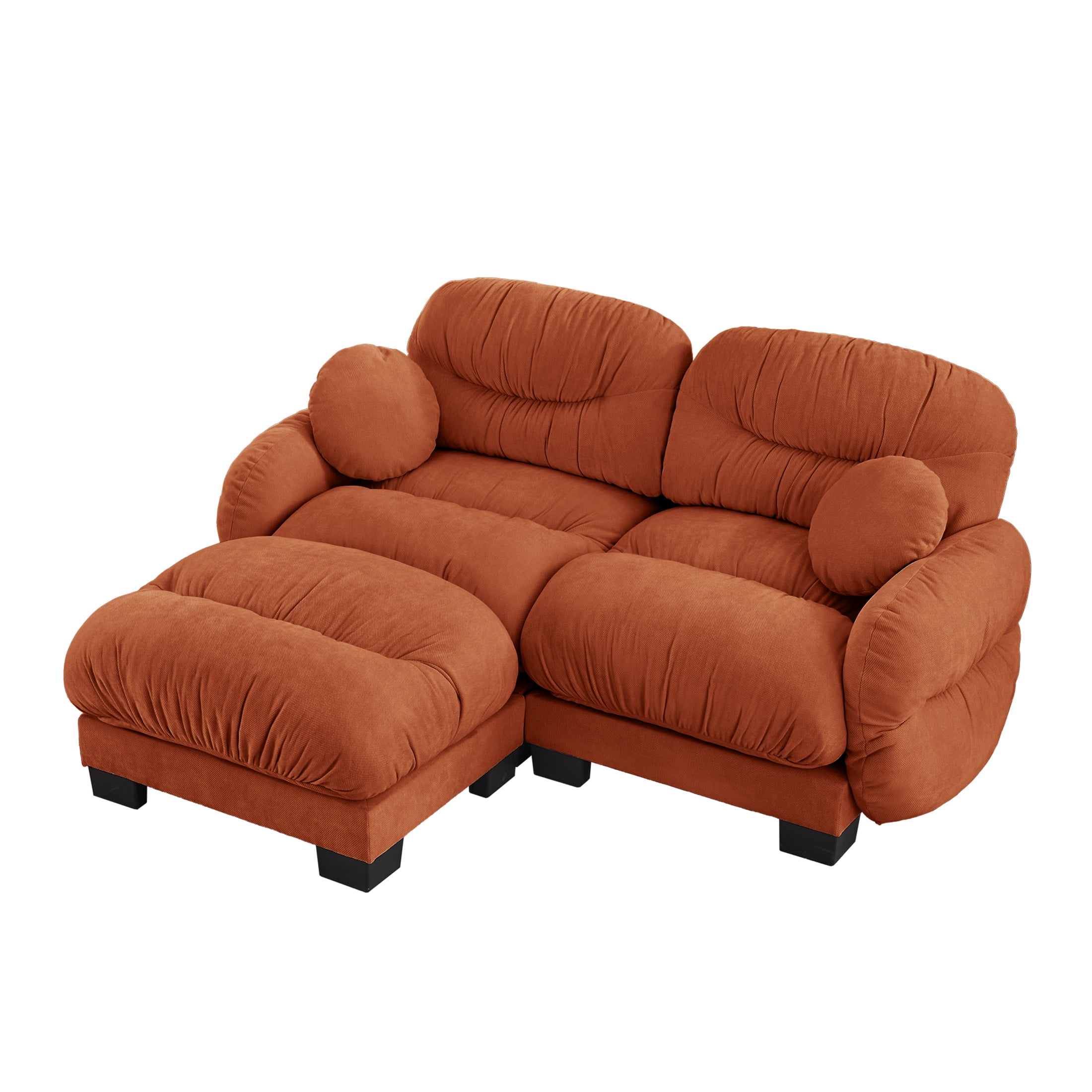 Noble House Corlan Pleated Chenille 2-Seater Sectional Sofa, Modular Deep Seat Couch with Ottoman and Throw Pillows, Orange