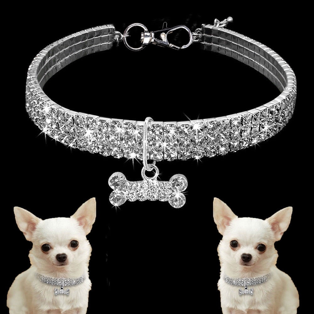 PetFavorites Fancy 3 Row Pearls Diamond Dog Necklace Collar Jewelry with Bling Rhinestones for Pets Cats Small Dogs Girl Teacup Chihuahua Yorkie Clothes Costume Outfits White, Neck Size: 8-10
