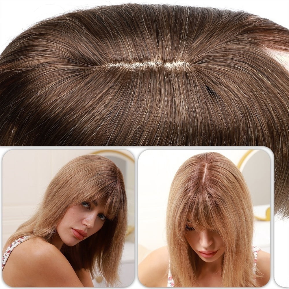 Hair Toppers for Women 6"-18" Real Human Hair with Bangs, 7x12.5cm Silk Base Clip In Hair Extension 150% Densiny Indian Hair Straight Hair Pieces