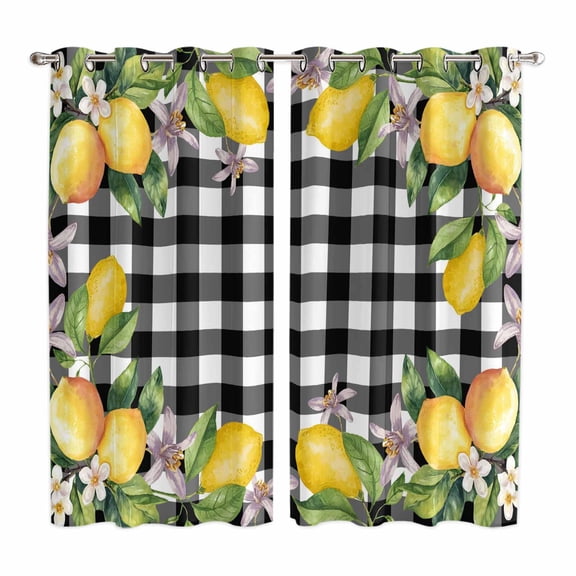 Lemon Kitchen Curtains 84 Inch Length, Black Plaid Check Yellow Fruit Flower Floral Grommet Top Bedroom Living Room Curtains, Light Filtering Cafe Curtain Drapes 2 Panels Set 104''x84''