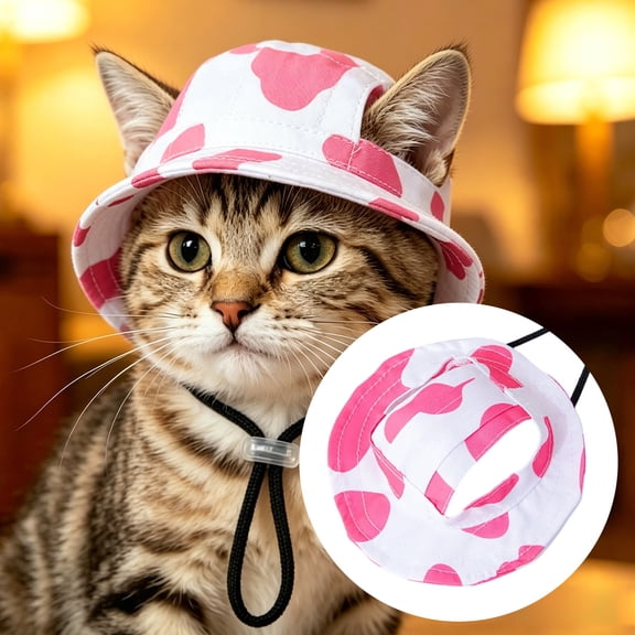 Adjustable Pet Bucket Sun Hat, Ear Holes Design Cat Puppy Outdoor Cap, Breathable Printed Small Pet Visor Hat, Anti Slip Chin Strap Kitten Sun Hat for Walking Beach Travel Photo Prop Accessory