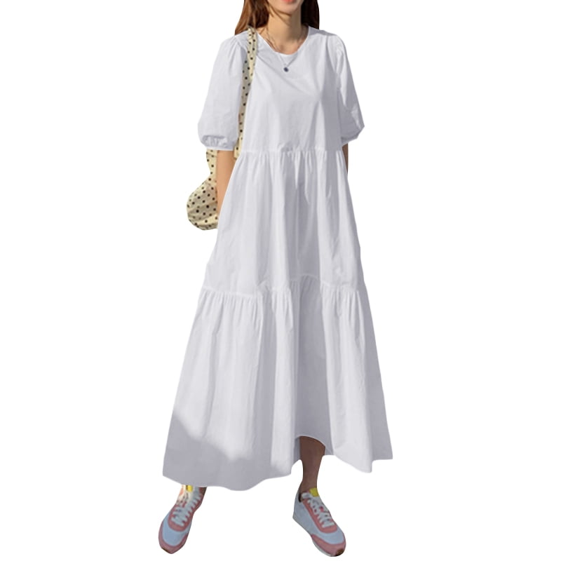 ZANZEA Women's Summer Puff Sleeve Dress Loose Casual Tiered Long Cotton ...