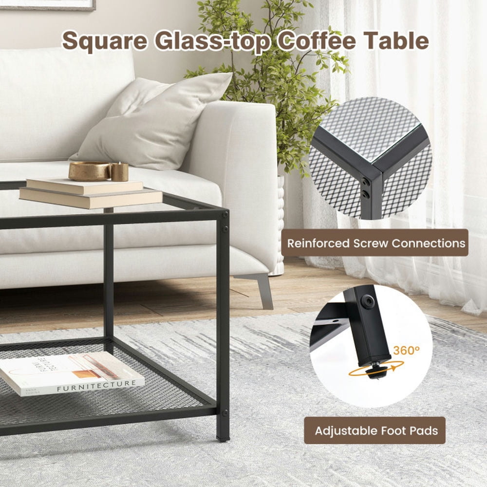 Finihen Coffee Table, Glass Coffee Table, Modern 2-Tier Square Glass Coffee Table with Mesh Shelf, for Living Room, Reception Room, Transparent Finihen Coffee Table, Glass Coffee Table, Modern 2-Tier Square Glass Coffee Table with Mesh Shelf, for Living Room, Reception Room, Transparent