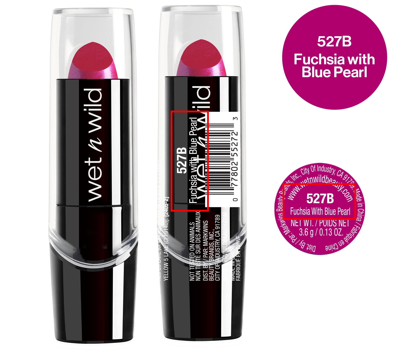 (4 pack) Wet n Wild Silk Finish Lipstick with Vitamins A & E and Aloe Vera - Fuchsia With Blue Pearl