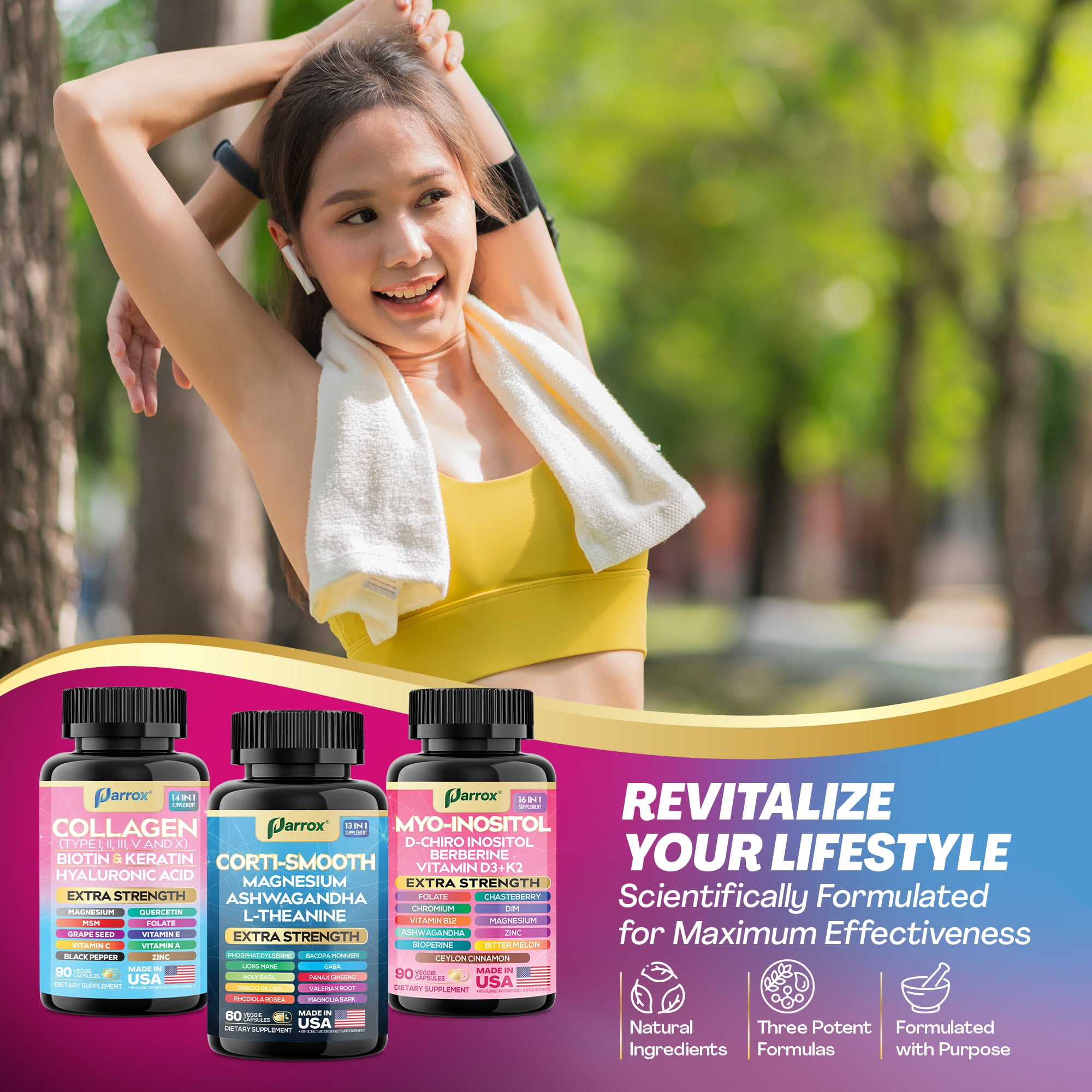 Parrox Ultimate Wellness Bundle – Collagen Peptides Types I, II, III, V, X with Biotin & Keratin, Myo-Inositol, DIM, Vitex, L-Theanine, Berberine, Lions Mane, Cortisol Support, Magnesium, Ashwagandha