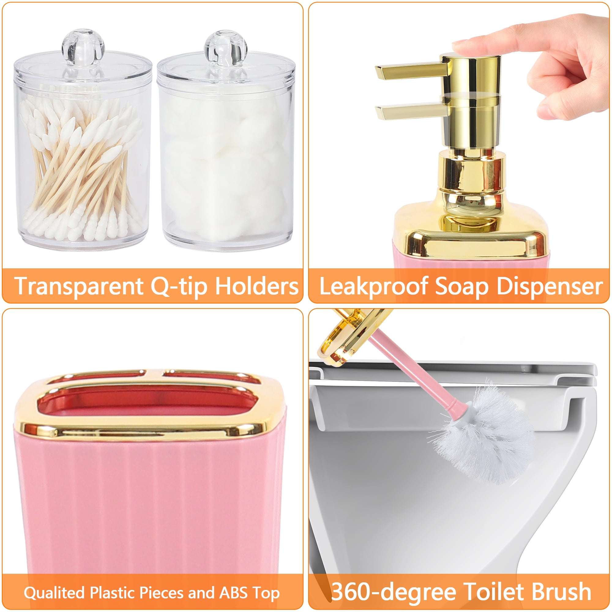 Bathroom Accessories Set,9 Piece Pink Bathroom Sets Complete With Toothbrush Holder, Trash Can, Lotion Soap Dispenser, Toothbrush Cup, Vanity Tray, Soap Dish, Toilet Brush, Qtip Holder