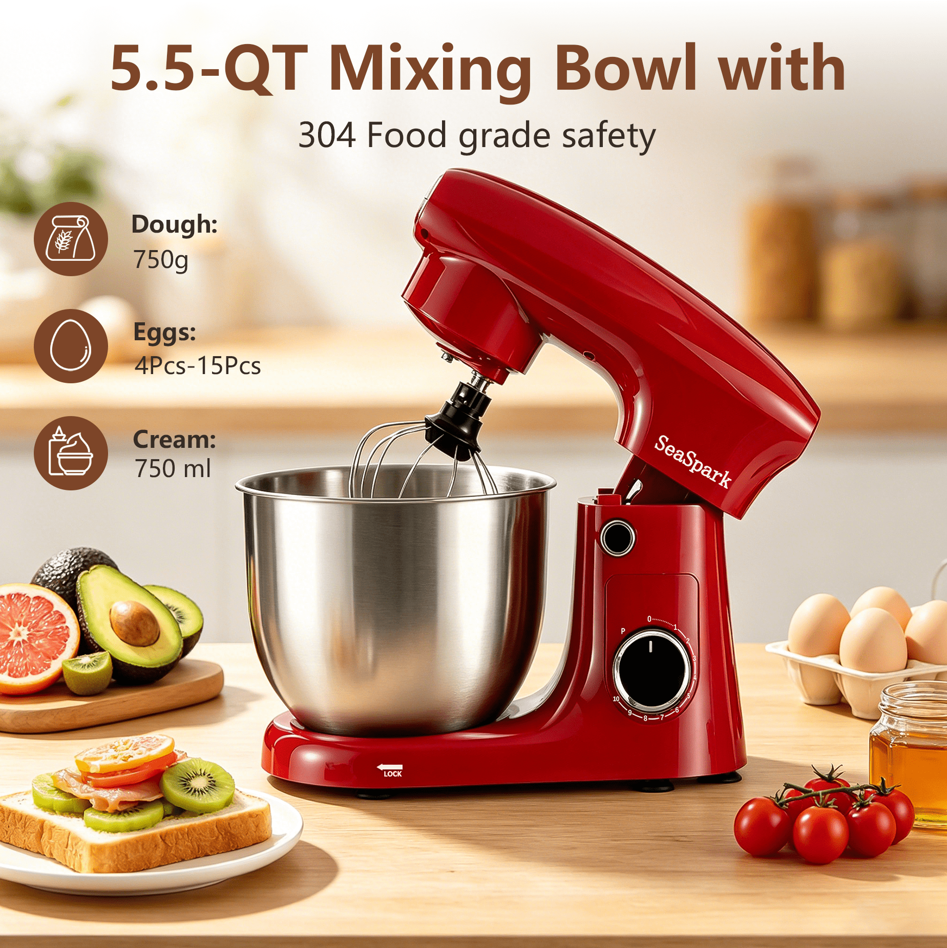 SeaSpark 3-in-1 Stand Mixer, 5.5 QT Tilt-Head 10-Speed Electric Stand Mixer, Food Mixer with Dough Hook, Beater, Whisk, Red