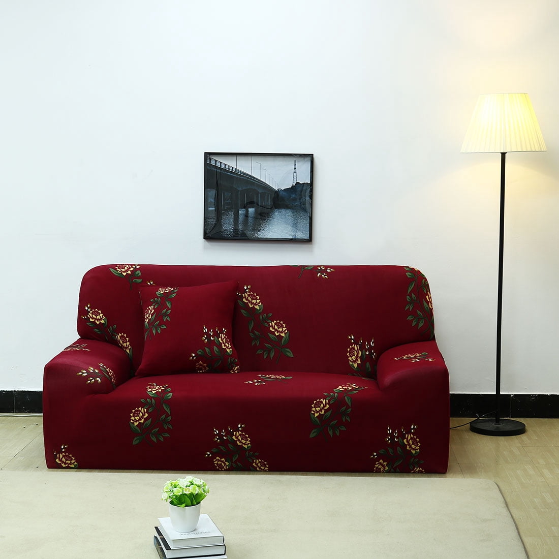 Unique Bargains 1-Piece Contemporary Floral Stretch Loveseat Sofa Cover, Red