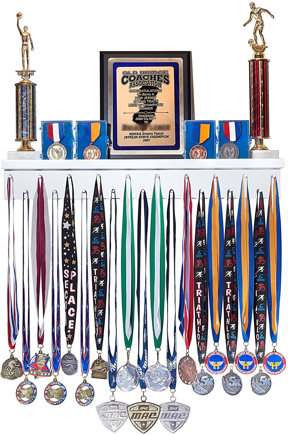 Race Medal Hanger Trophy Rack & Medal Holder Display Sports Medal Display Rack Trophy Shelf/Floating Shelf Sturdy Wall Mount Medals Easy to Install White 