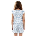 thumbnail image 2 of ZIATUBLES Blue White Floral Print Girls Summer Romper Ruffle Cap Sleeves One-Piece Short Jumpsuit Soft Comfort Kids Casual Playsuit with Pockets for 5-6 Y, 2 of 6
