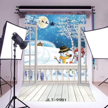 Image of ABPHOTO 5x7ft Photography Backdrop Christmas Theme French Sash Snowman Heavy Snow Scene Vintage Stripes Wood Floor Seamless Newborn Baby Toddlers Merry Christmas Portraits