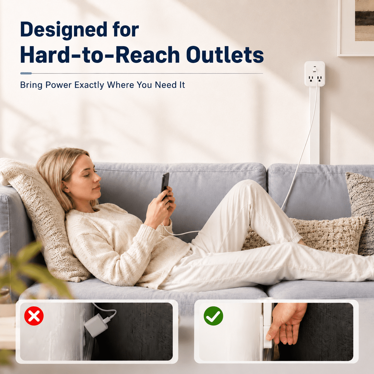DTIRD Outlet Extender Stick, Access Hard-to-Reach Outlets, Ultra-Slim 18"-26" Adjustable Power Strip with USB-C, 2 USB-A & 2 AC, 360° Rotating Plug for Behind Couch, Bed, Nightstand & Desk