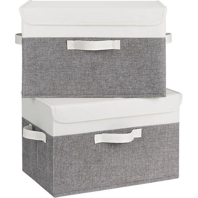 Cajas Almacenaje con Tapa, Paquete de 2 Cajas Organizadoras Ropa para Estantes, Cajas de Tela Almacenaje Ropa Armario, Cajas Organizadoras con Tapa, Cajas Almacenaje Decorativas, Gris,Blanco y gris