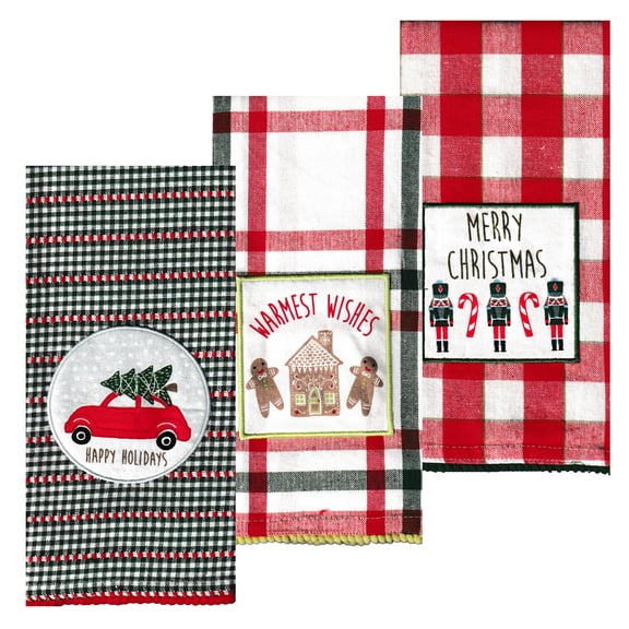 Kane Christmas Kitchen Towel 3 Piece Set, Woven Cotton Red, Green, White