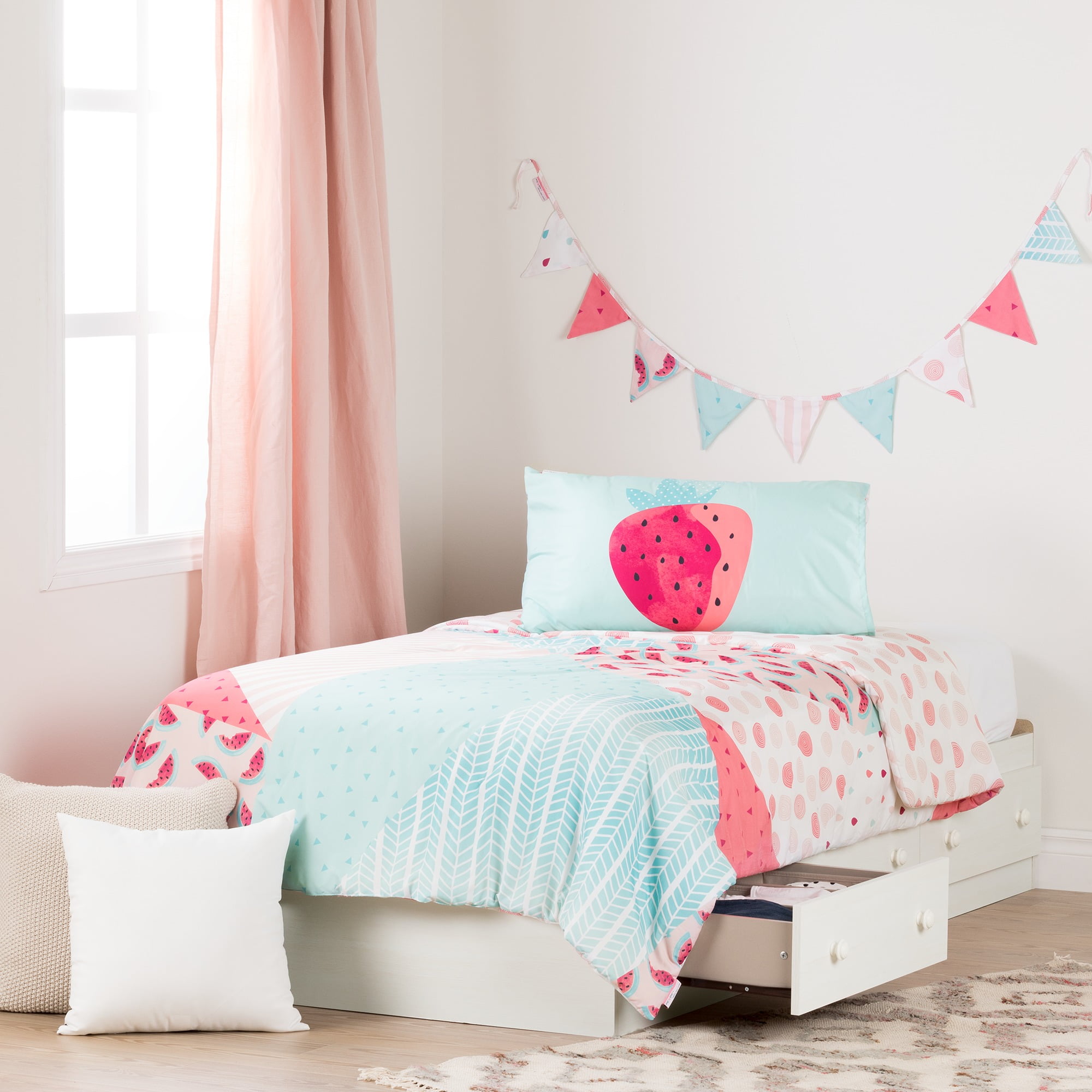South Shore Summer Breeze Pure White and Pink Twin Mates Bed with