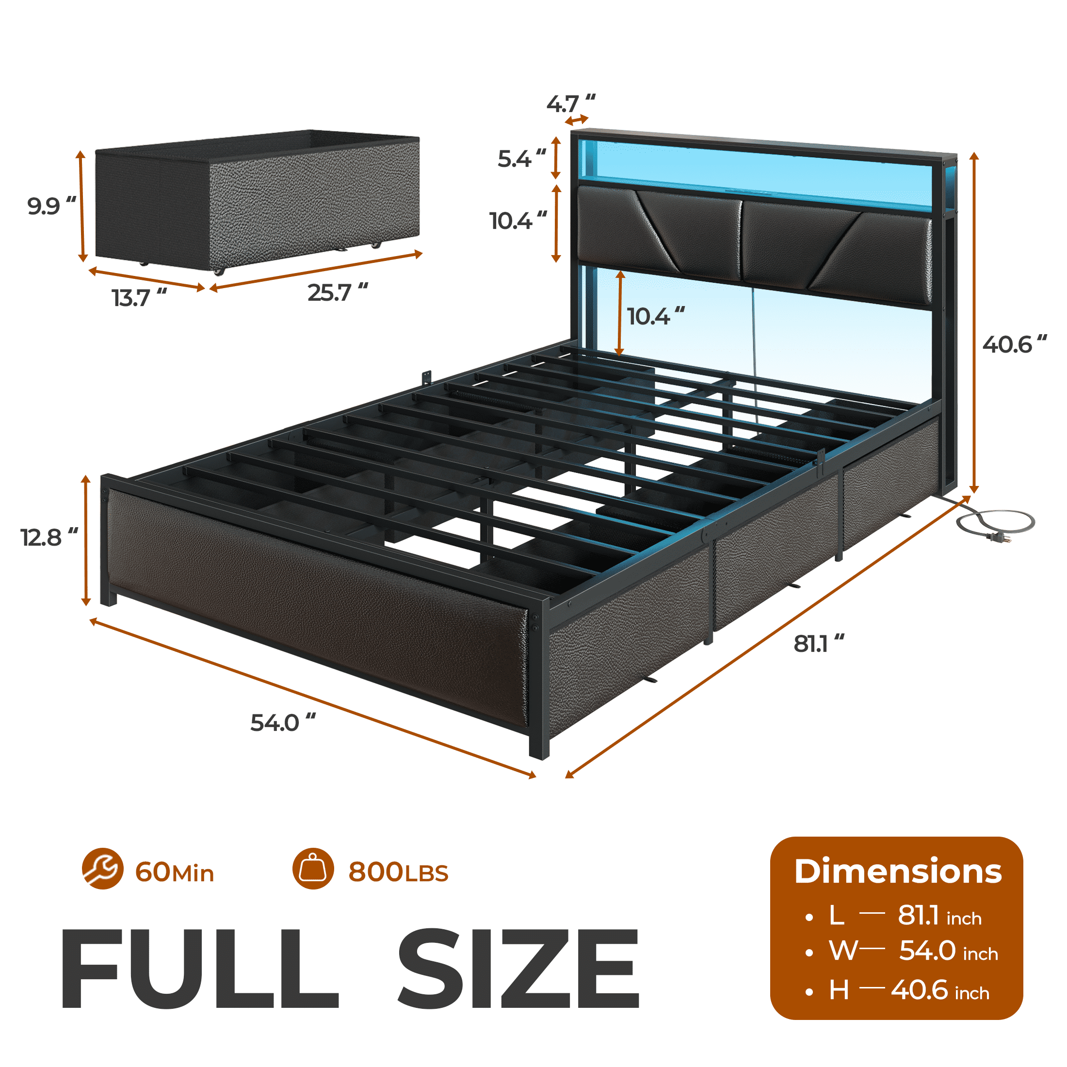 Satifur Full Bed Frame with 6 Storage Drawers, Metal Platform Bed Frame with 2-Tier Upholstered Storage Headboard & LED, Built in Charging Station, Noise-Free, No Box Spring Needed, Black