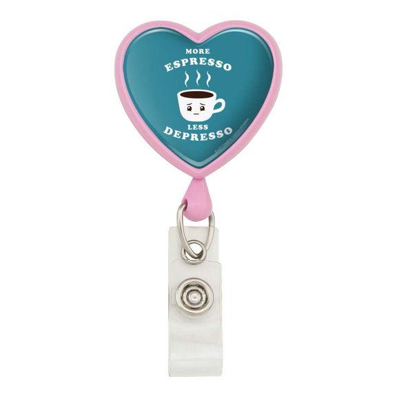More Espresso Less Depresso Depression Coffee Funny Humor Heart Lanyard Retractable Reel Badge ID Card Holder