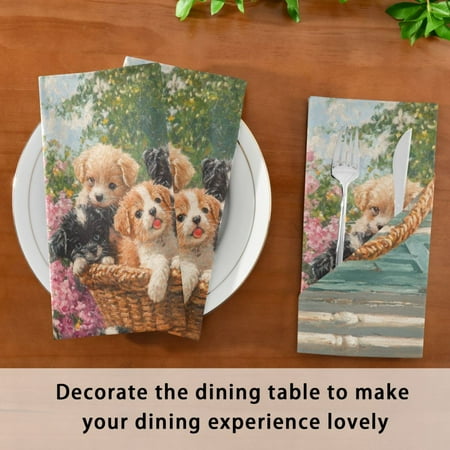 

BZSMCE Satin Native Fab Cotton Dinner Napkin Basket Of Puppies and Kitten Reusable
