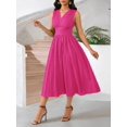 thumbnail image 5 of Hot Pink Sleeveless V-Neck Midi Dress With Pleated Skirt And Woven Texture For Women, 5 of 6