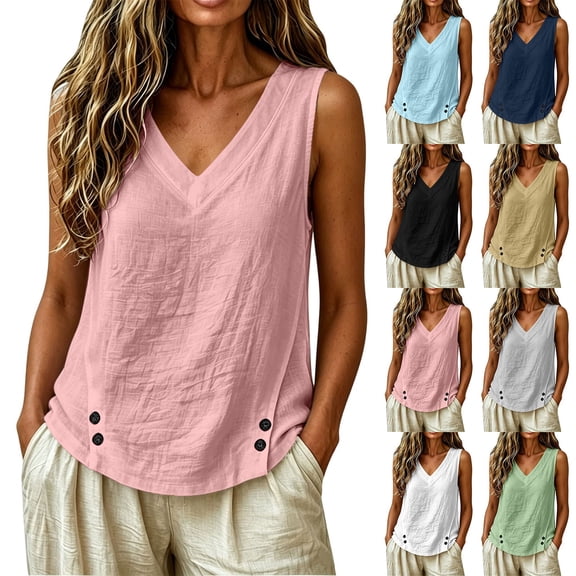 Sheghy Tank Tops for Women 100%Cotton Women's Solid Color V-neck Sleeveless Button Casual Cotton and Linen Top