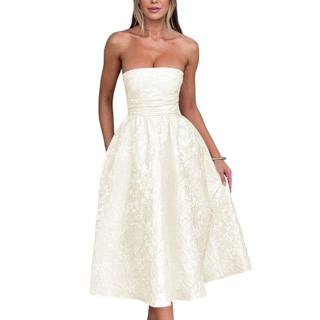 Vestido EEMEII de verano sin tirantes para regreso a casa con bolsillos, color marfil