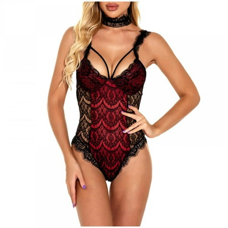 

Patlollav Sexy Lingerie Deep V Mesh See-Through Sexy Pajamas Elastic Sling One-Piece