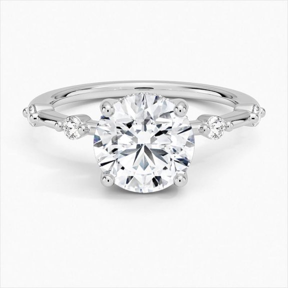 Dash Jewel 1.90Ct Round Cut Anniversary Women's Ring - 14K Silver Engagement Rings - Solitaire with Accents 4 Prong Dainty Rings - Diamond Ring For Birthday Gift - Special Occasion Ring for Her