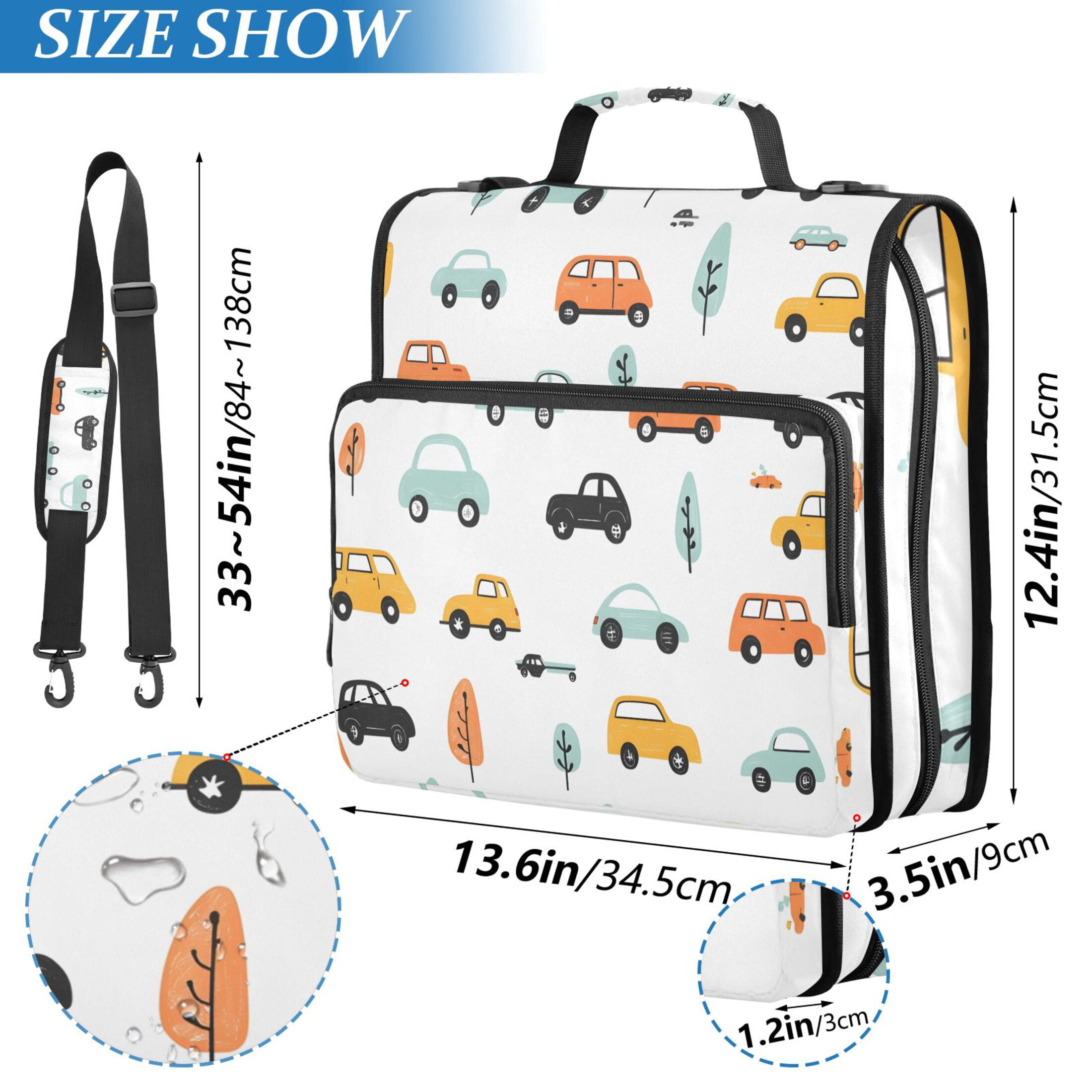 3 Ring Zipper Binder with Shoulder Strap Waterproof Trapper Keeper 2 Inch D-Ring 500 Sheets Capacity Cartoon Cars and Tree