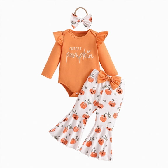 NOLDARES Newborn Infant Girl Outfits Ribbed Ruffle Romper Bell Bottom Pants and Headband 3Pcs Fall Winter Clothes Set,Orange,12-18 M