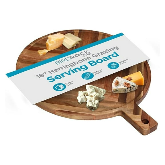 Herringbone Grazing Board - 18" Wooden Charcuterie Board with Handle - Large Serving Platter for Appetizers, Cheese & Meat - Party Kitchen Board