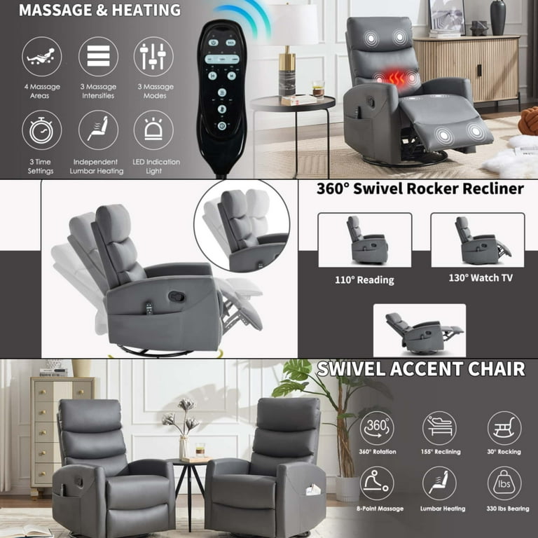 Heat Massage Manual Recliner Chair, 360° Swivel Rocking Recliner with  8-Point Massage & Lumbar Heat, Manual Handle, Faux Leather, Medium-Firm,  for 