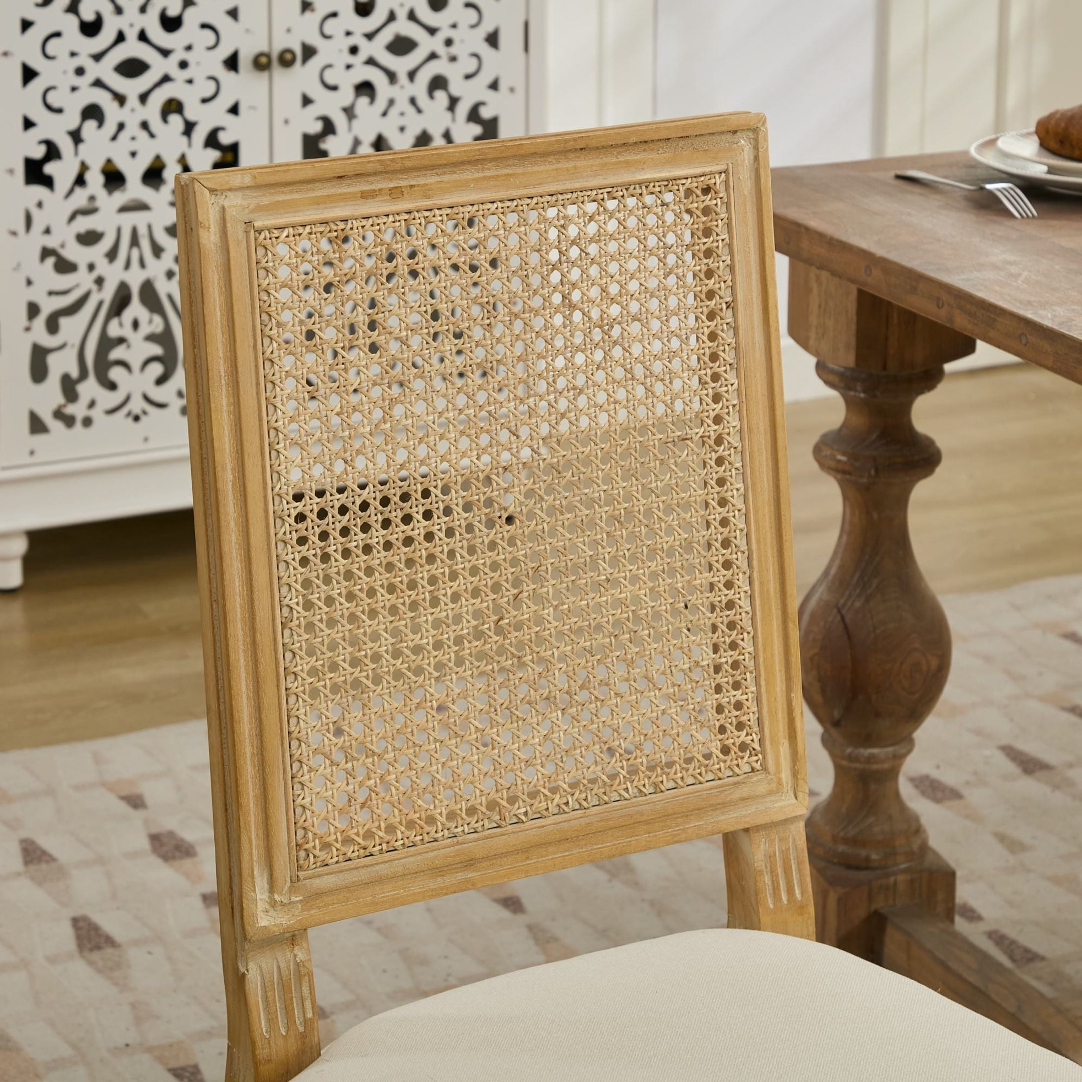Noble House Set of 2 French Decor Dining Chairs, Rattan Backrest, Linen Fabric Seat, Beige