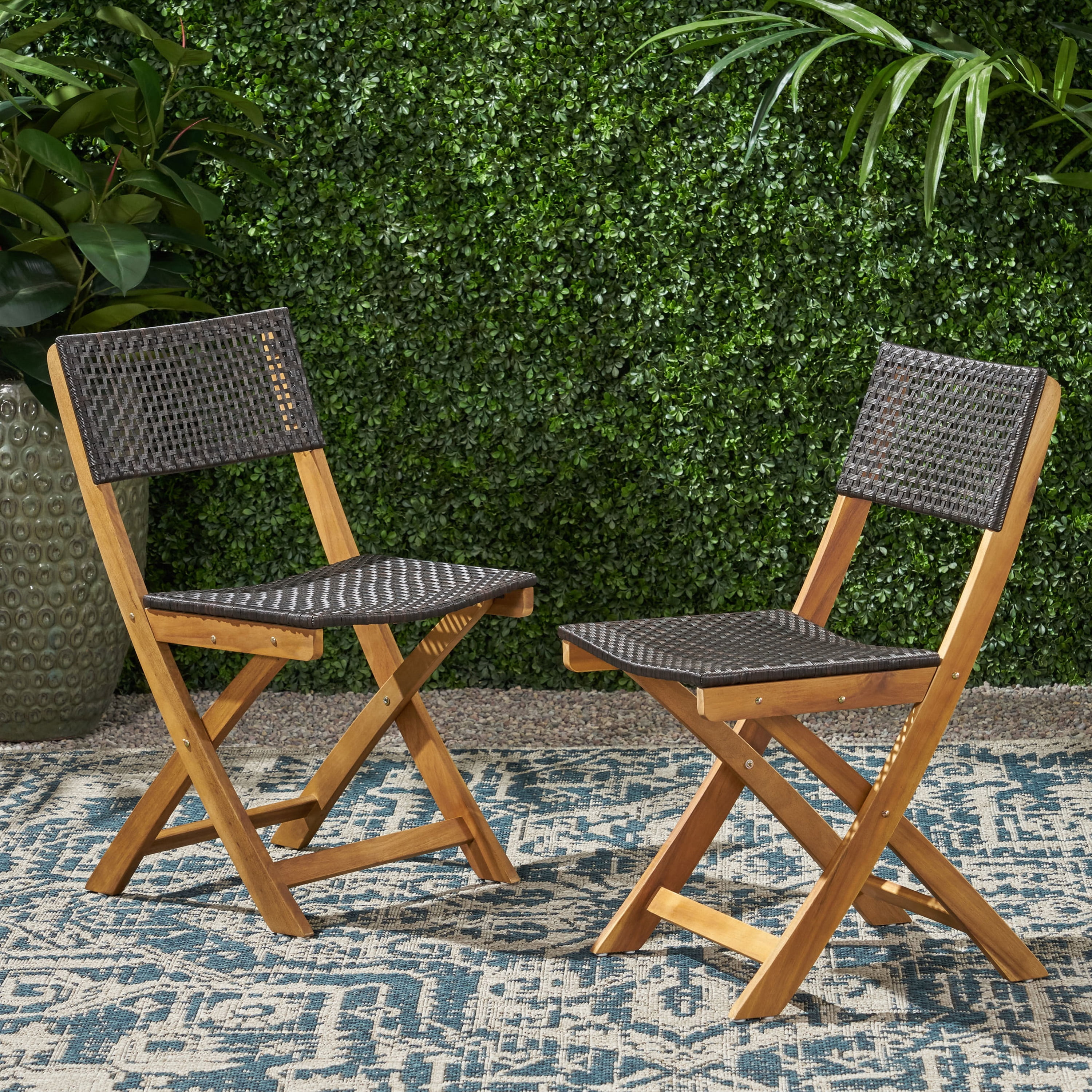 Bistro Chairs Set of 2 – Foldable Outdoor Wicker Chairs with Solid Wood Frame, Space-Saving for Patio, Garden or Balcony