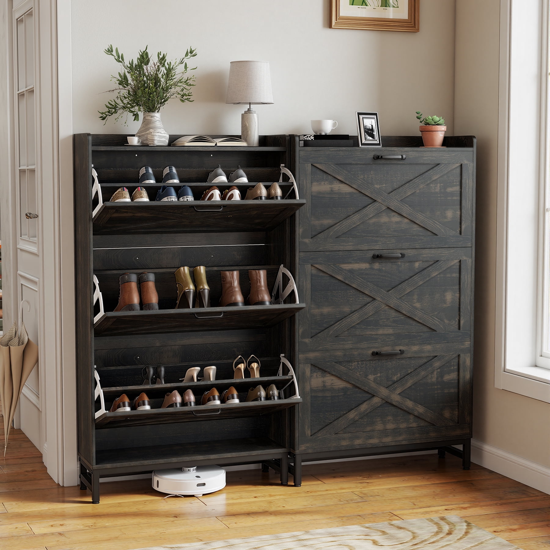 MOONMISS Shoe Storage Cabinet with 3 Flip Drawers and Open Storage,Rustic Wooden Shoe Organizer for Entryway Hallyway