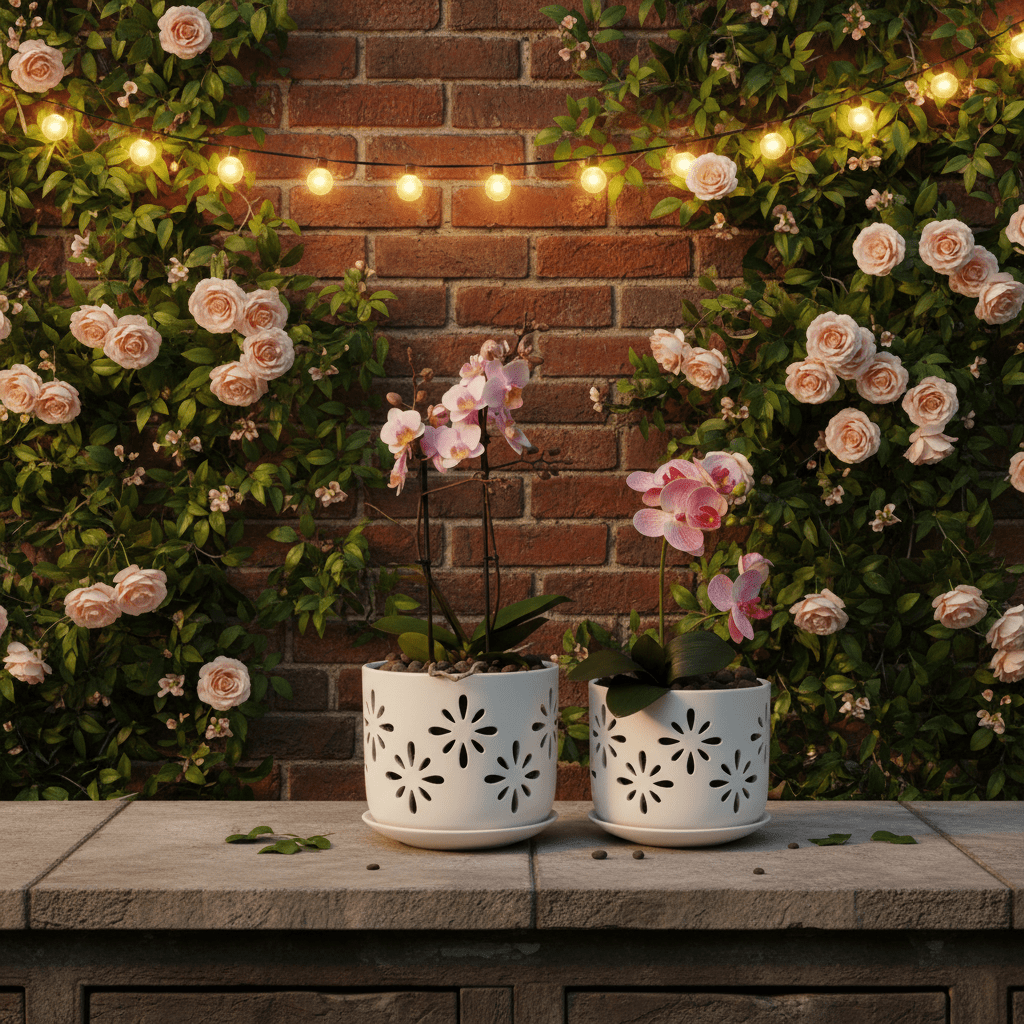 BUYMAX 5" & 6" Ceramic Orchid Pots with Holes and Trays, Blossom Geo Alabaster White, Set of 2