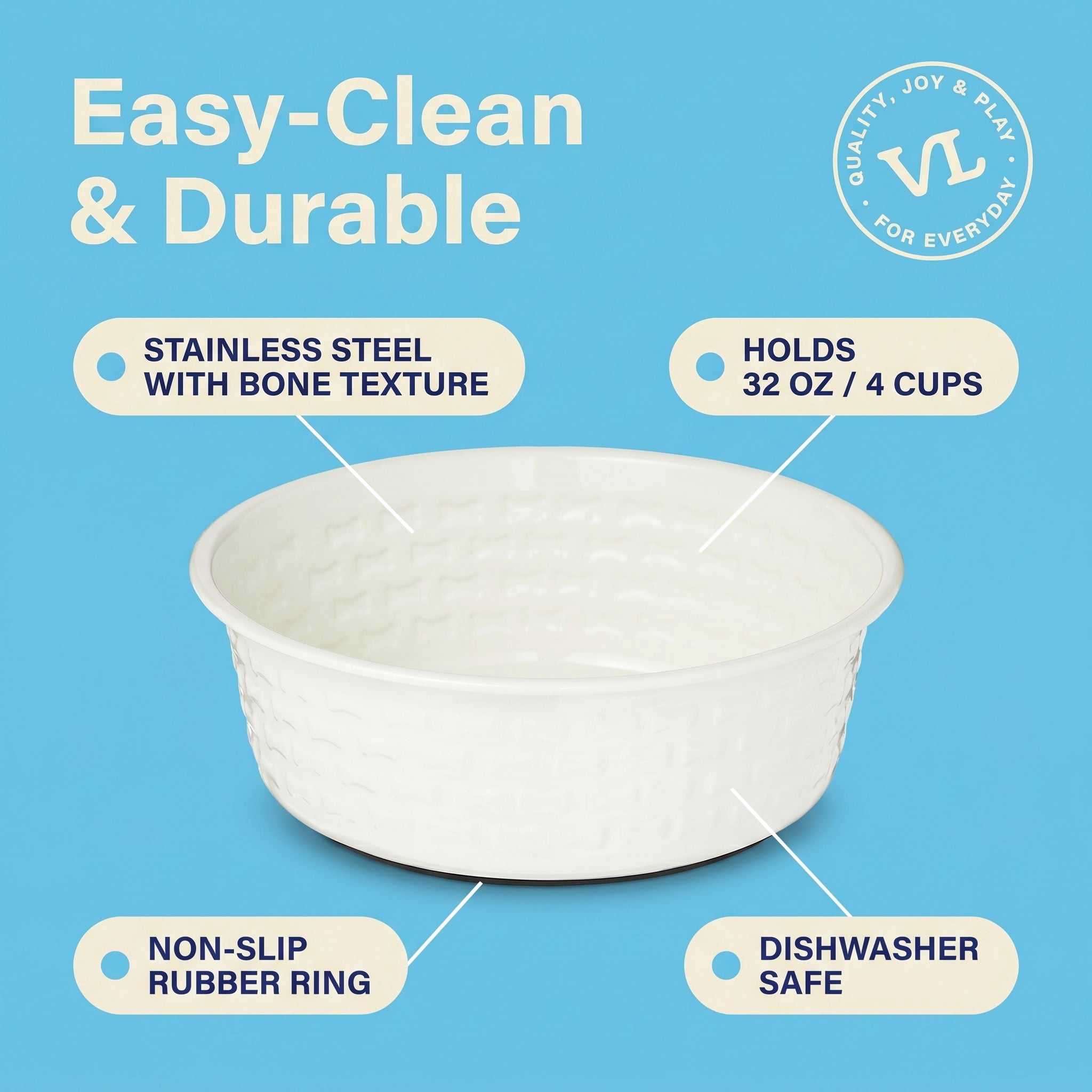 Vibrant Life Medium 4-Cup Stainless Steel Bone Textured Pet Bowl, White