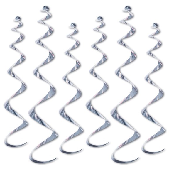 Beistle Twirly Whirly Solid Decoration 24"-36" Hanging Whirls, Silver, 6 Pack