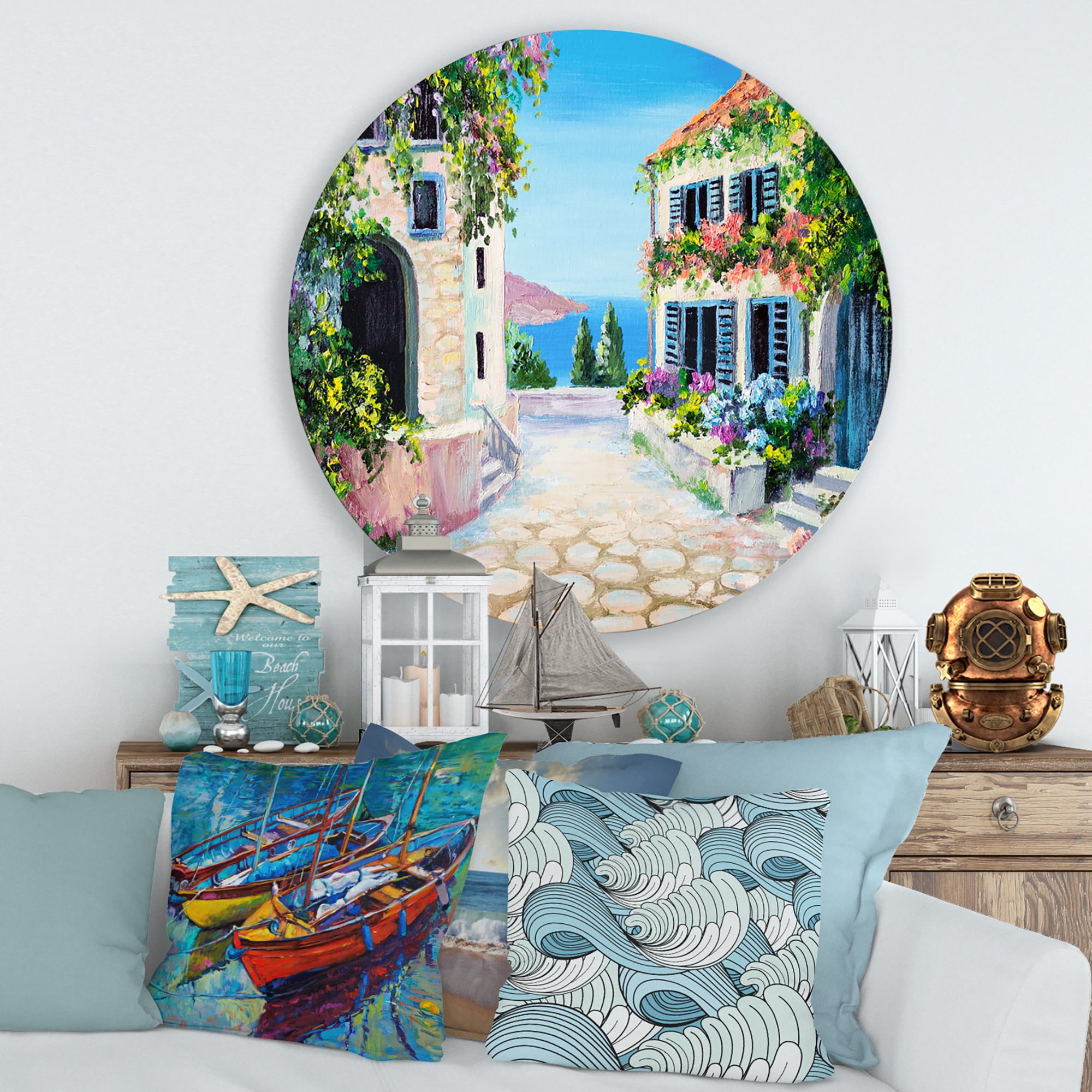 Designart 'Blossoming Flowers With White Houses With Near The Sea' Nautical & Coastal Circle Metal Wall Art 36x36 - Disc of 36