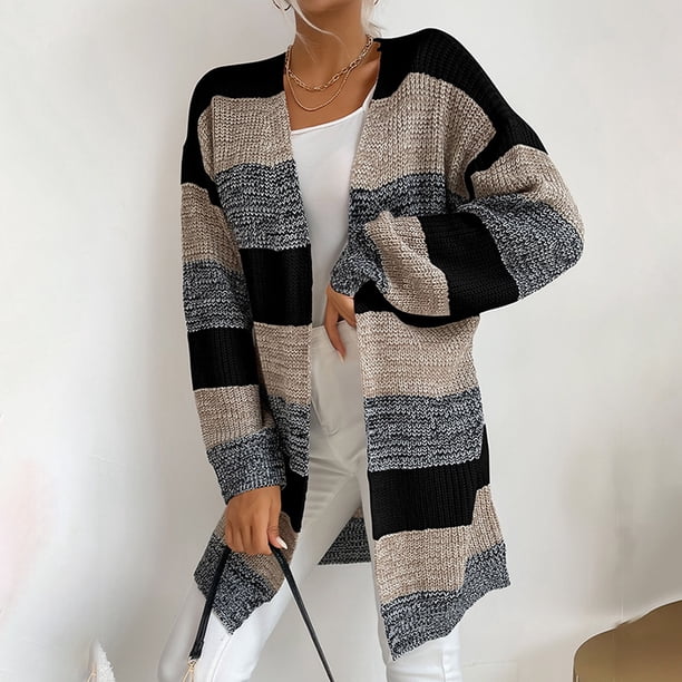 Cárdigan de mujer, nuevo abrigo informal de moda para otoño/invierno, largo medio, tejido a rayas, abrigo tipo cárdigan para mujer