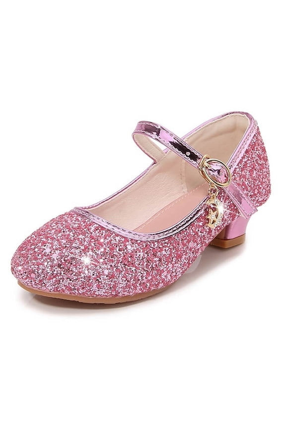 Dress Shoes for Girls, Ankle Strap Glitter Low Heels Closed Toe Party Wedding Birthday Princess Pumps Pink