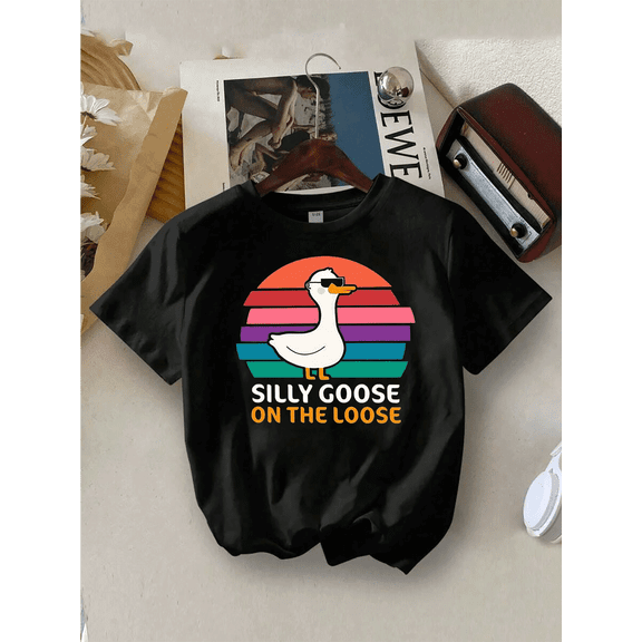 children’s wear Funny Silly Goose On The Loose Retro Sunset Graphic T-Shirt for Kids Boys Girls Toddler Cute Animal Tee